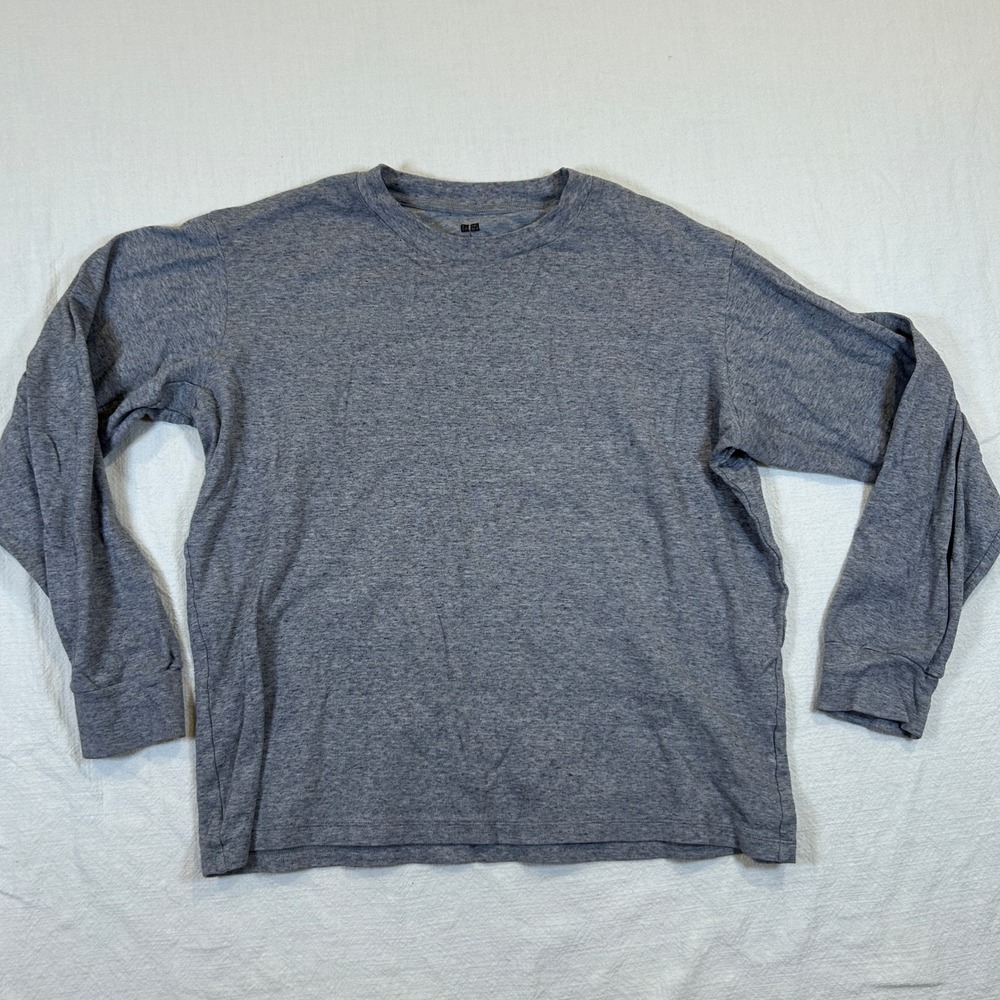 Uniqlo Mens Long Sleeve T-Shirt Heather Gray Cotton Crew Neck 341-450179 Size L